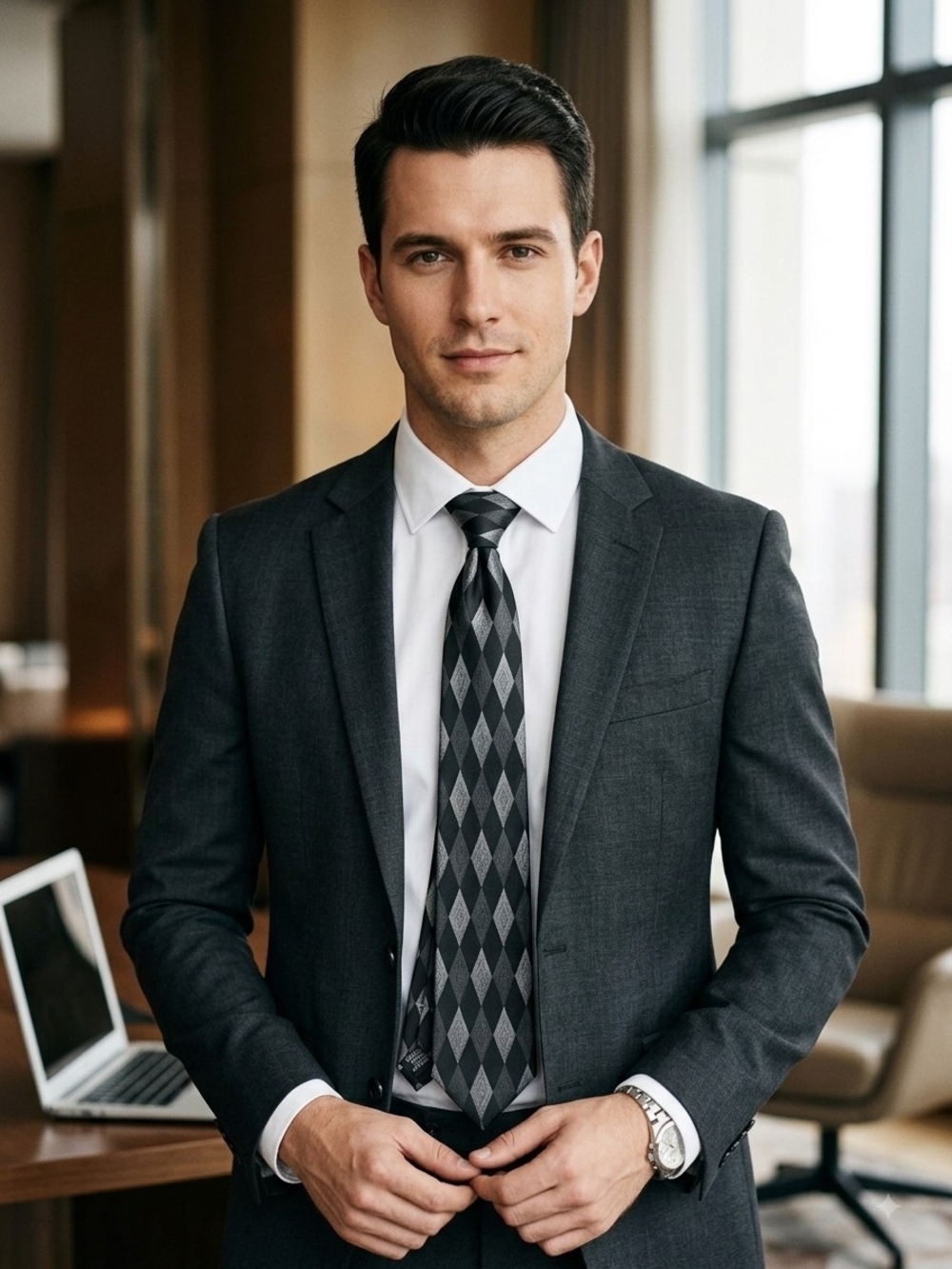 Black & Gray Diamond Pattern Men's Tie - Picture 5 of 5